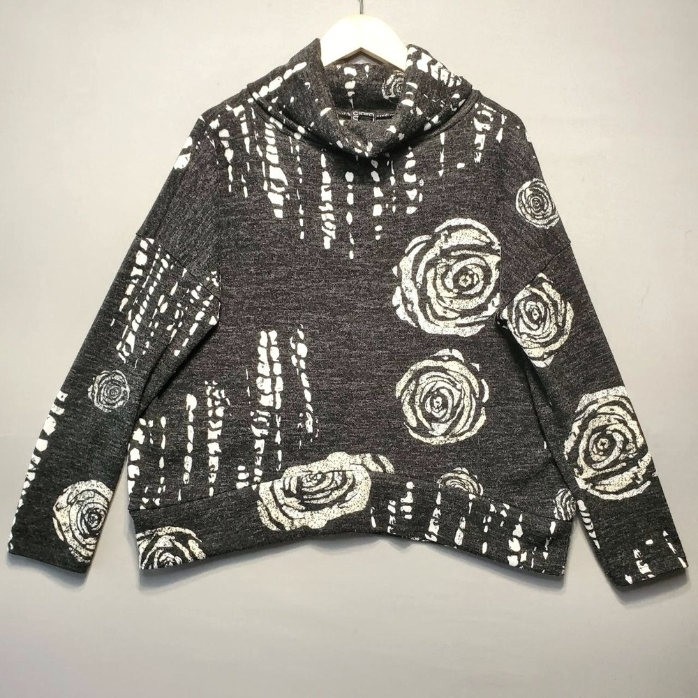Clara Sun Woo Sweater Womens M Gray Cowl Neck Floral Rose Knit Stretch Cozy Top